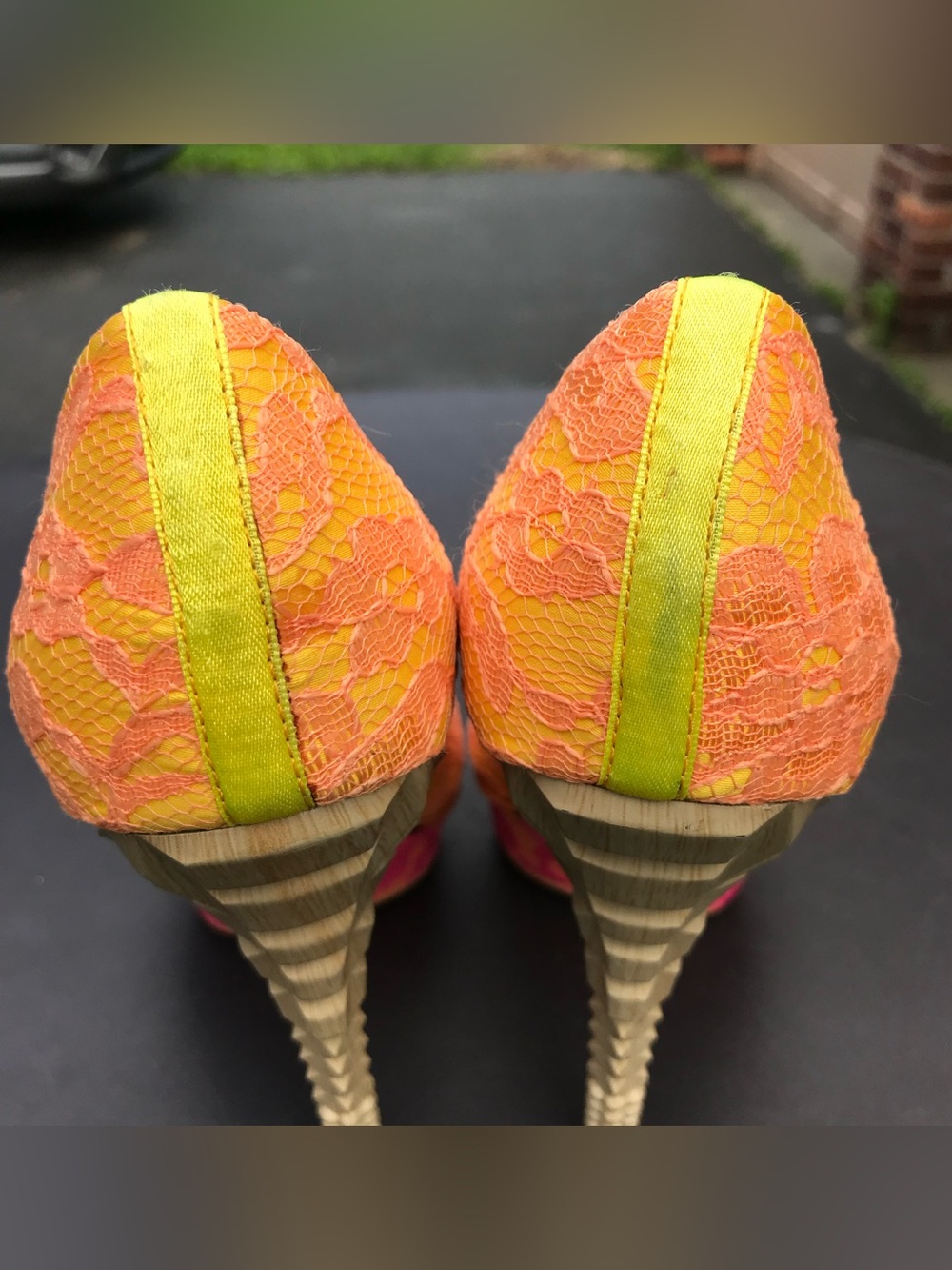 RACHEL ROY KEEDAN Orange Yellow Pink Lace Platform Pump Stilettos Heels Size 6 - Picture 14 of 16